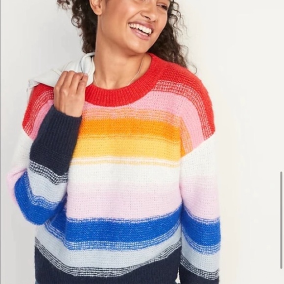 OLD NAVY RAINBOW 🌈 KNIT SWEATER ST Festive Striped Boxy Fit Pullover Oversized - Picture 3 of 11